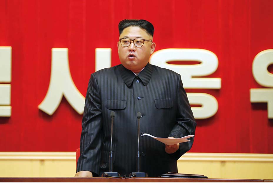 This undated picture released from North Korea's official Korean Central News Agency (KCNA) on August 4, 2016 shows North Korean leader Kim Jong-Un delivering a speech at the 3rd Meeting of KPA Activists in O Jung Hup-led 7th Regiment Title Movement at the April 25 House of Culture in Pyongyang. / AFP / KCNA / KCNA        (Photo credit should read KCNA/AFP via Getty Images)