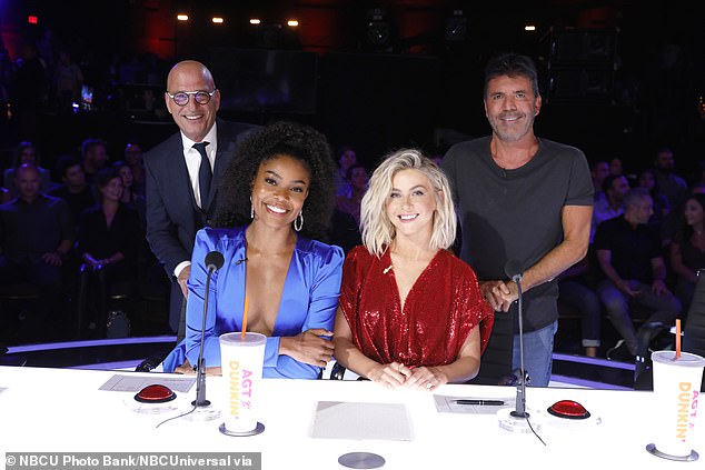 Ms Union claims the working environment on AGT, which attracts about ten million viewers, was 'toxic', that Cowell, 60, a fellow judge, was too dominant and that chatshow host Jay Leno cracked inappropriate jokes when he was a guest. She is pictured above with fellow judges Howie Mandel, Julianne Hough, and Simon Cowell