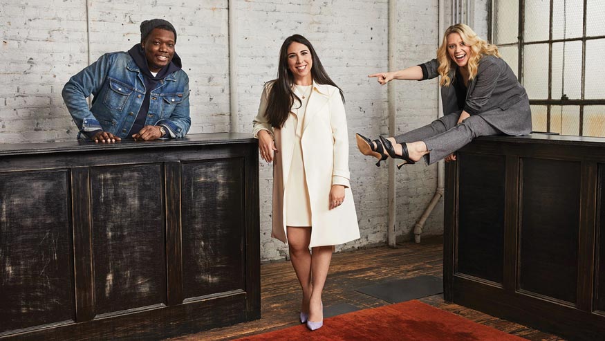Melissa Fox with clients Michael Che and Kate McKinnon photographed on March 15 at Warehouse Studios in Brooklyn. When it comes to comedy, Fox’s roster of funny clients means serious business. Along with SNL standouts like McKinnon and Che, Fox’s lineup also includes Hasan Minhaj and Lilly Singh. Says Fox, “The thing that I think my clients like about me the most is that I will never stop fighting for them.”   (Credits: PHOTOGRAPHED BY AARON RICHTER)