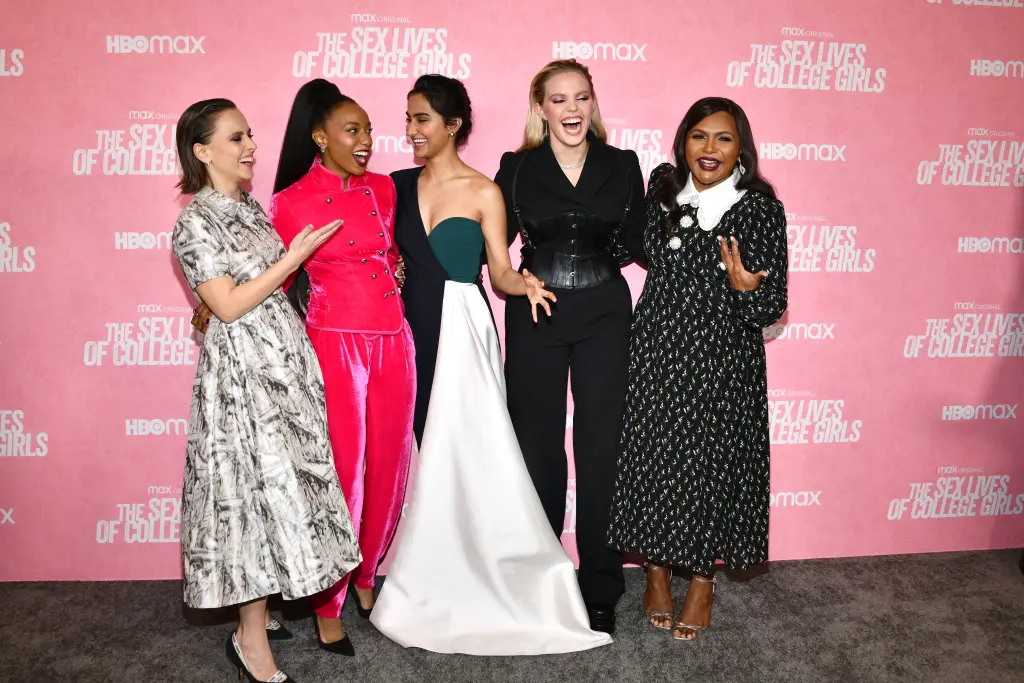 Renée Rapp (second from right, with co-stars Pauline Chalamet, Alyah Chanelle Scott and Amrit Kaur, plus Mindy Kaling) has hired top Hollywood attorney Bryan Freedman to get her off Kaling’s show “The Sex Lives of College Girls.” (Credits: FilmMagic)